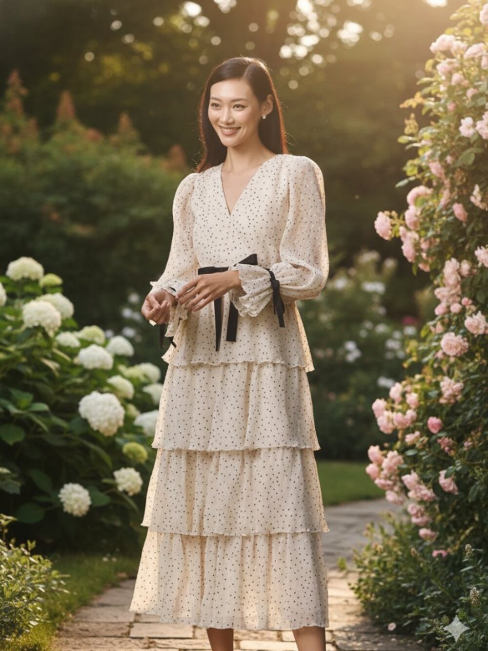 Arose Studio Kendall Long-Sleeve Tiered Midi Dress $198 One Size